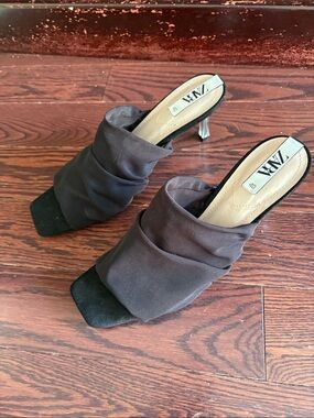 Zara Black Ruched Slip-On Mule Heels